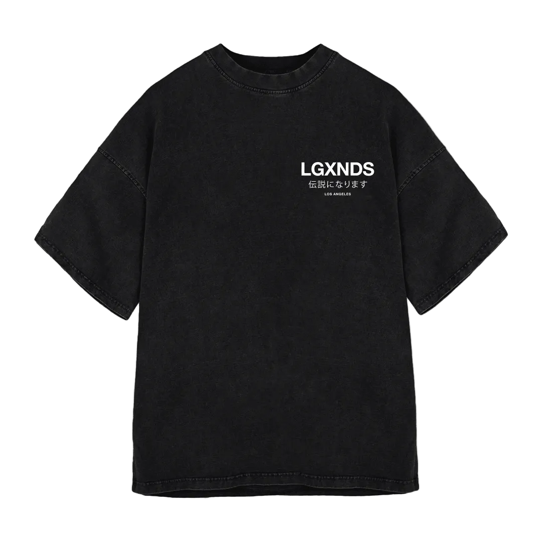 Black t-shirt with LGXNDS logo and Japanese text on the front, casual streetwear style