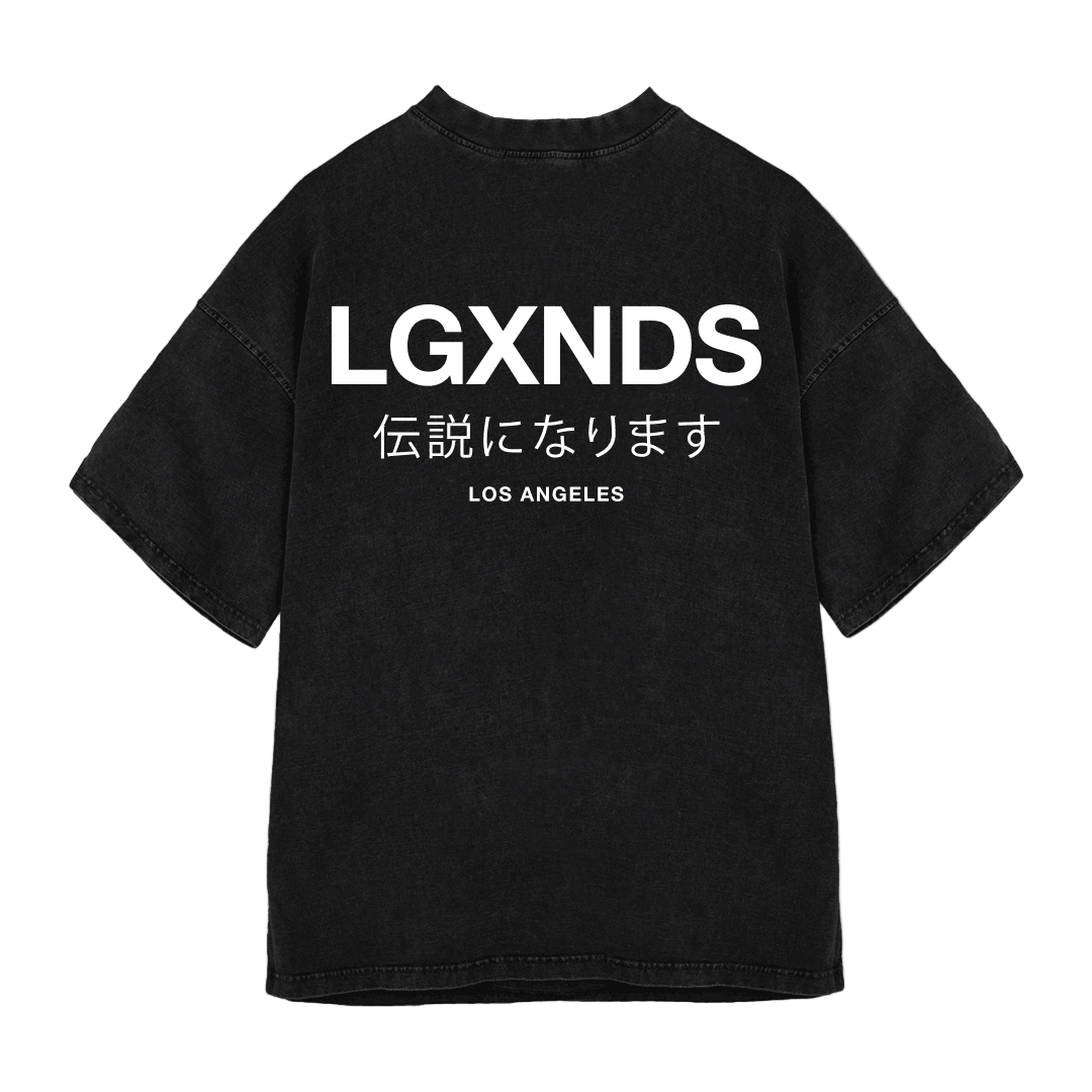 Black t-shirt back with LGXNDS, Japanese text, and Los Angeles in bold white lettering.