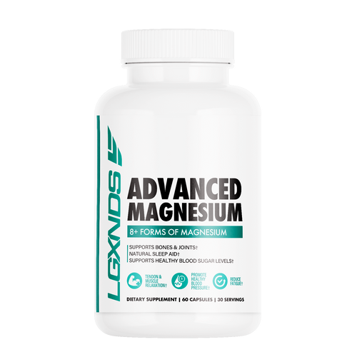 White bottle labeled Advanced Magnesium supplement, 60 capsules, for bone and joint support
