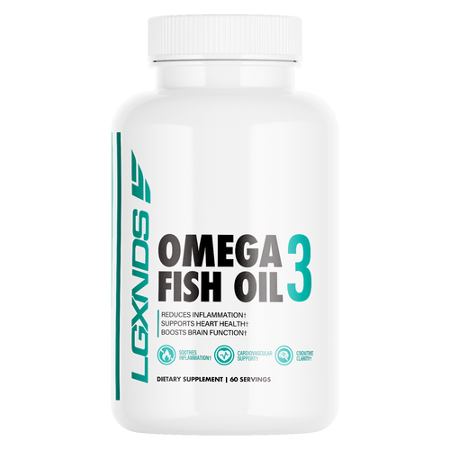 Omega-3 fish oil dietary supplement bottle with inflammation support, cardiovascular and cognitive health icons, 60 servings.