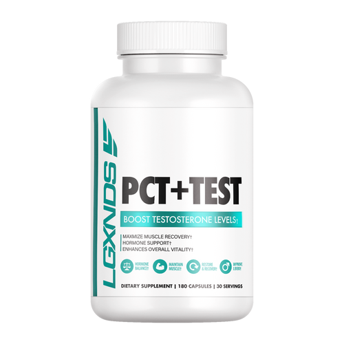 PCT+TEST dietary supplement bottle for muscle recovery, hormone support, and vitality.