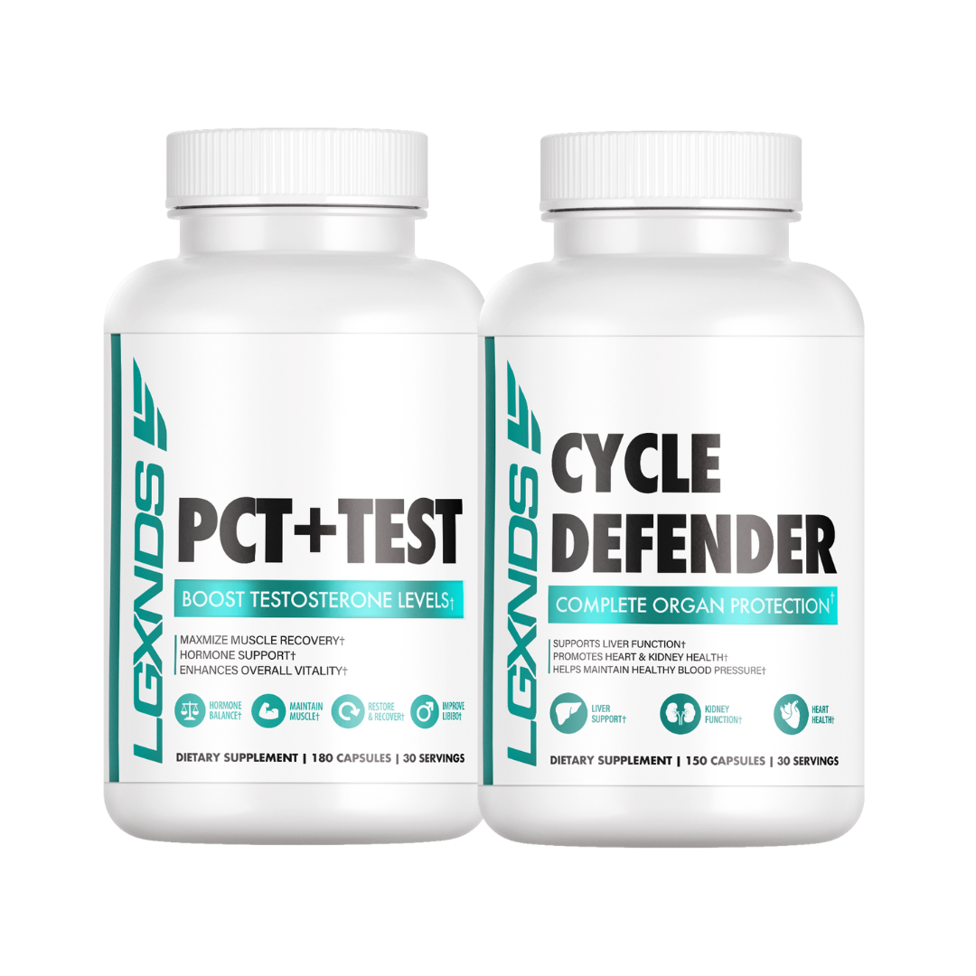 Two bottles of dietary supplements, PCT+TEST for testosterone support and Cycle Defender for organ protection, displayed side by side.