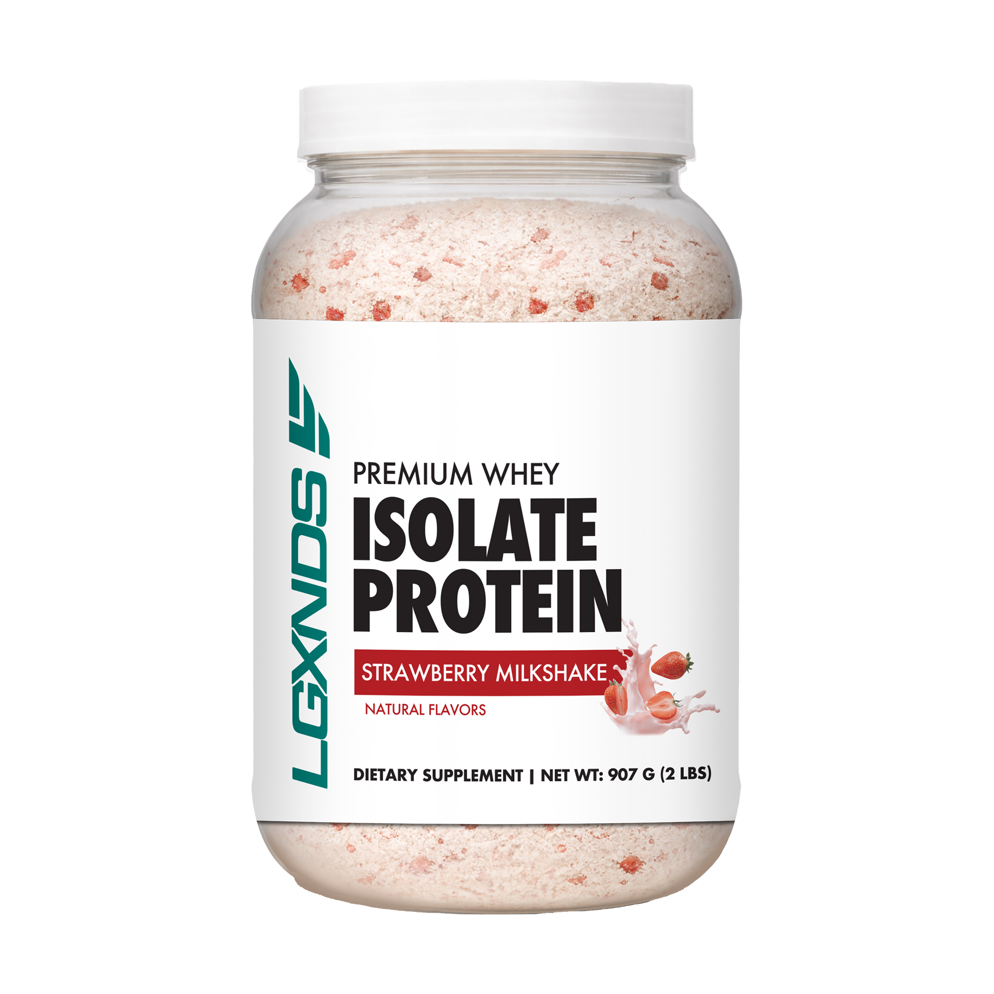 Strawberry milkshake flavored whey isolate protein powder in a clear plastic supplement jar
