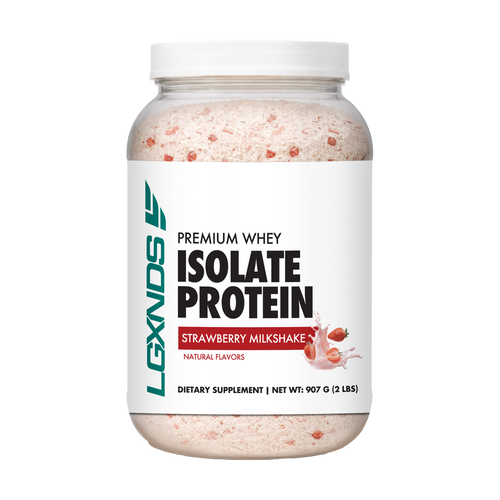 Strawberry milkshake flavored whey isolate protein powder in a clear plastic supplement jar