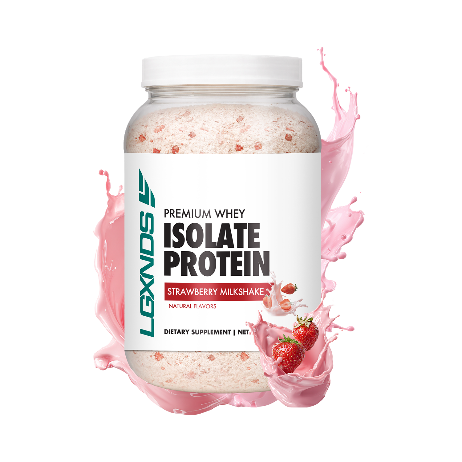 Strawberry milkshake whey isolate protein powder bottle with pink splash and fresh strawberries