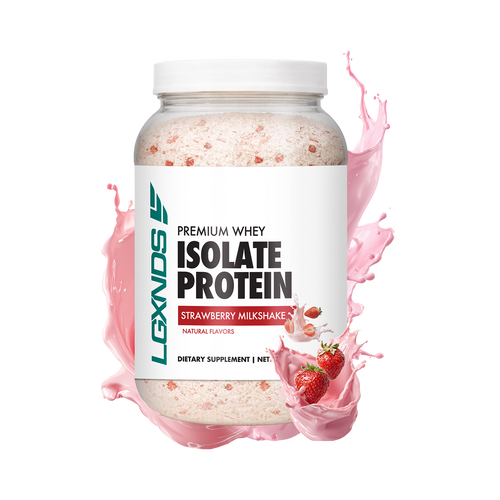 Strawberry milkshake whey isolate protein powder bottle with pink splash and fresh strawberries