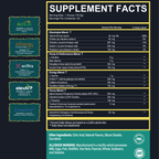 Supplement facts label with various ingredients and their amounts on a black background