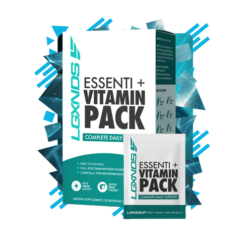 Essenti+ Vitamin Pack box and single serving pack with abstract geometric background, dietary supplement for daily support.