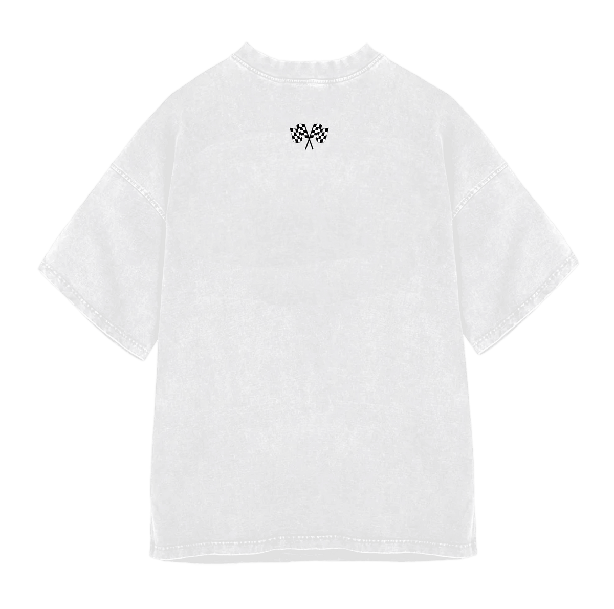 White short sleeve t-shirt back with small crossed checkered flags graphic near collar