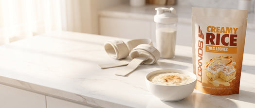 Creamy Rice Tres Leches pouch beside a bowl of cooked creamy rice