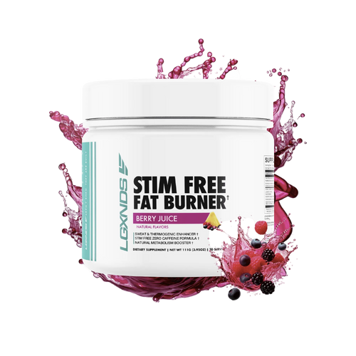 Stim free fat burner berry juice supplement jar with berry splash and fruits on black background