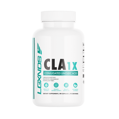 White bottle of CLA 1X conjugated linoleic acid dietary supplement, 90 capsules, front label