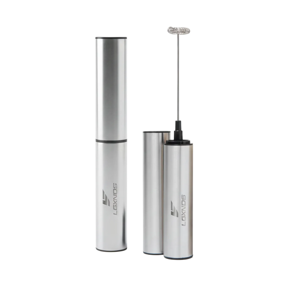 Stainless steel handheld electric frother with branded logo, isolated on black background