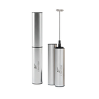 Stainless steel handheld electric frother with branded logo, isolated on black background